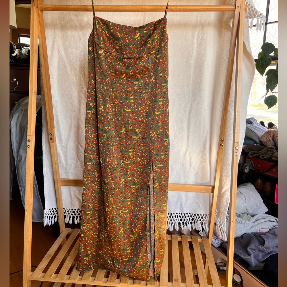 UO Olive Green Floral Sasha Satin Slip Dress - Picture 3 of 7